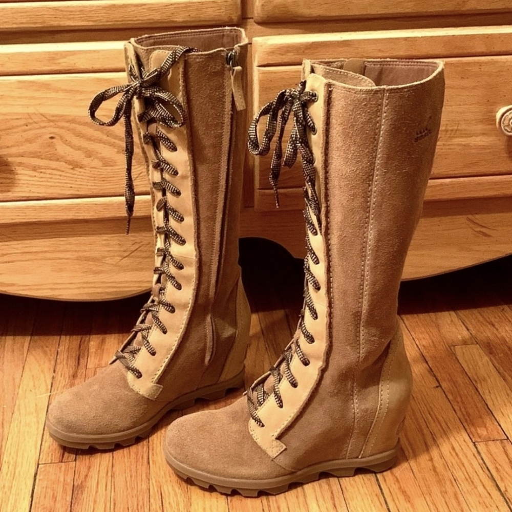 Brown Suede Sorel Joan of Arctic Wedge Tall Lace Up Waterproof Boots, 8